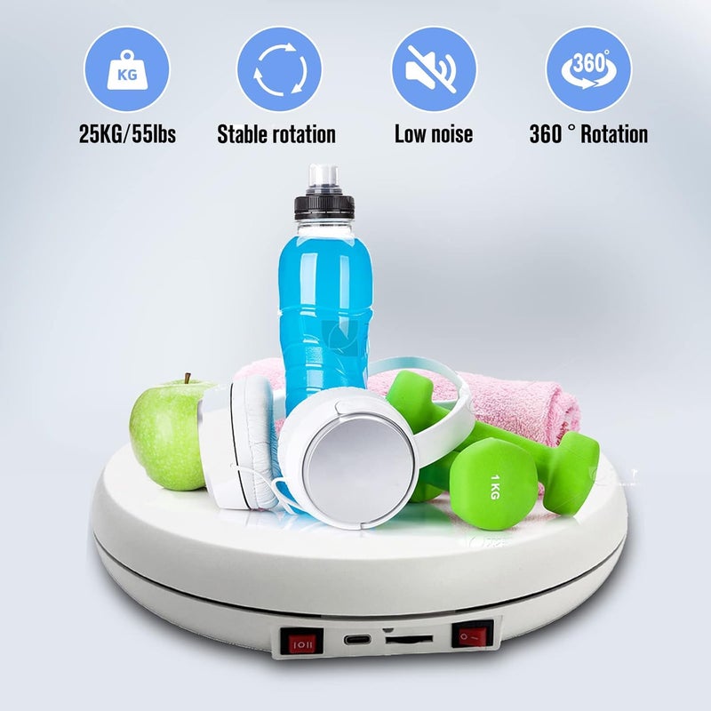 JAYEGT Motorized Rotating Display Stand with LED Light , 10 inch /55lbs Load, 360 Turntable Display Stand for Photography Products Shows, Jewelry, Watch (White / White LED Light/ Rechargeable ) - Image 4